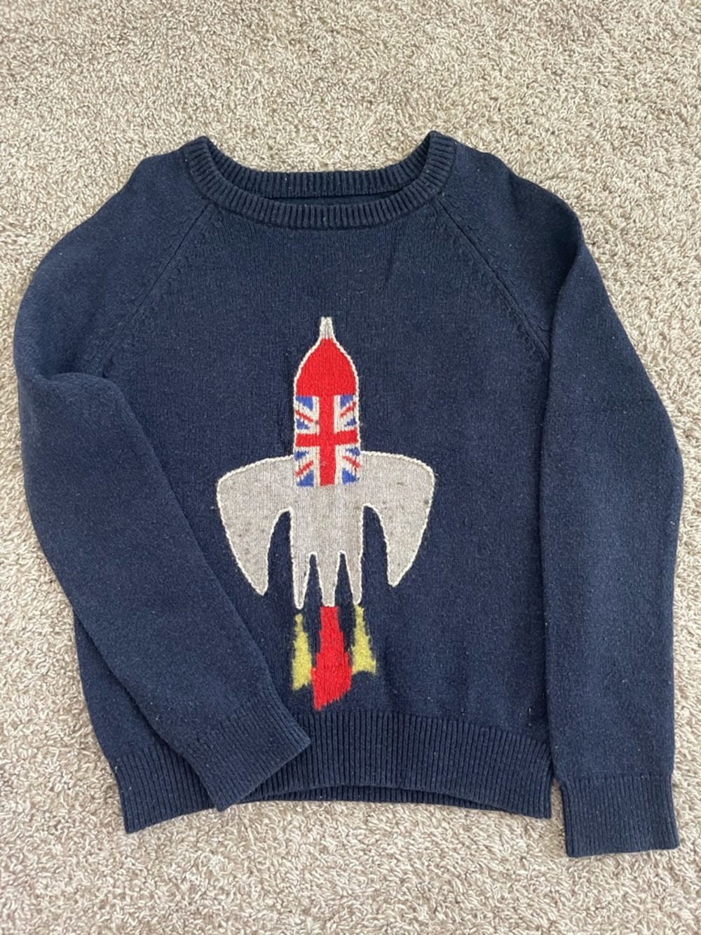 Mini Boden Navy Sweater with Rocket Intarsia in Red, White and Yellow